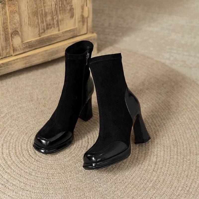Fashion Women's Fashion Thick Heel Single Boots Winter New Spliced Suede Side Zipper Thick Sole Anti-slip Wear-resistant Short Boots