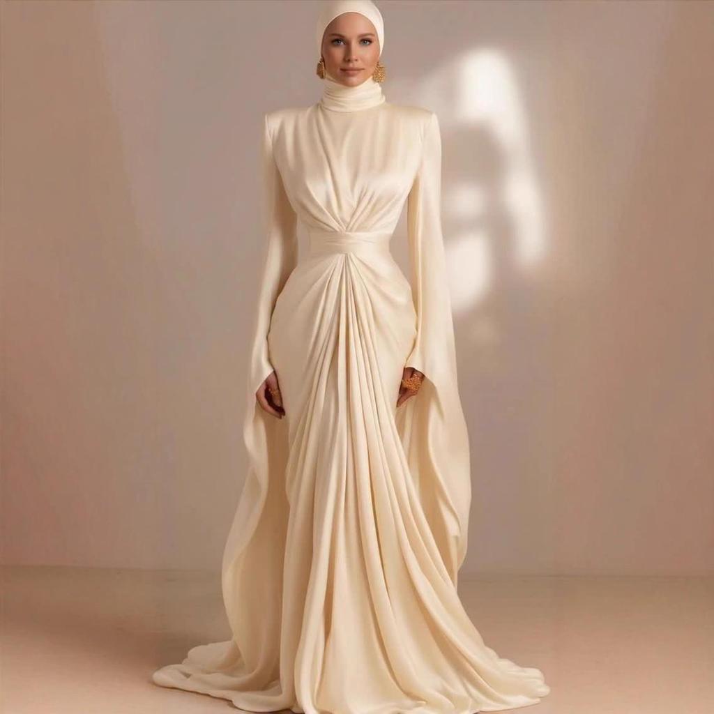 European & American Women's Satin High Neck Casual Formal Dress, High Waist with Lace-up Design, New 2025 Style