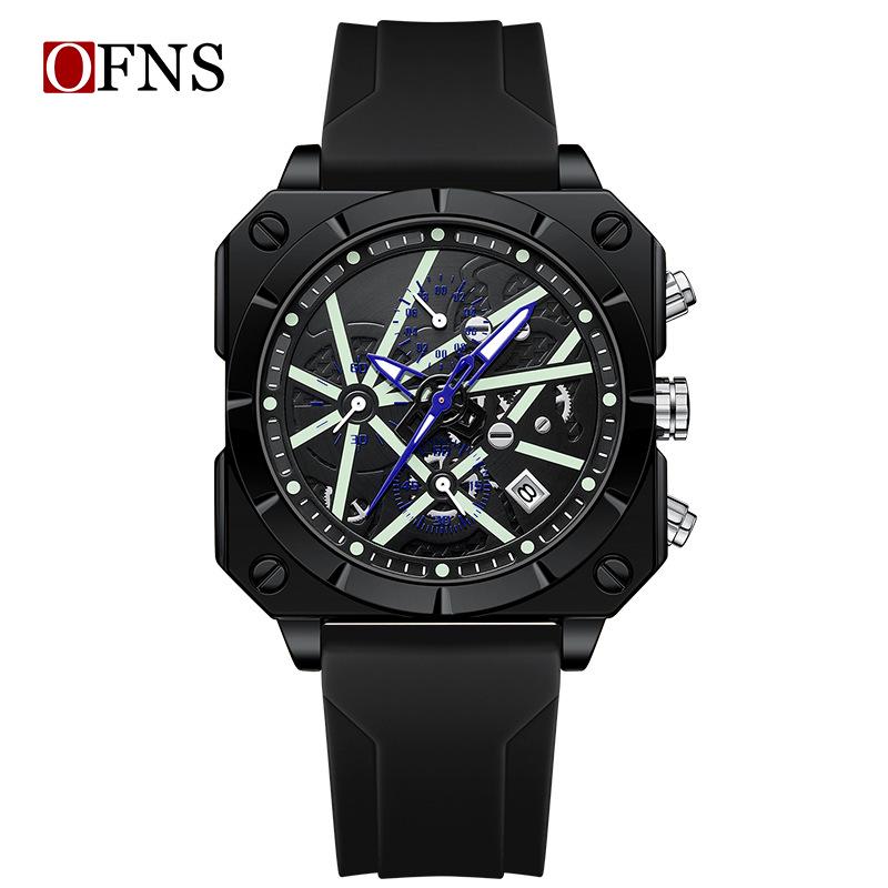 OFNS Men's Six-Needle Chronograph Quartz Watch with Luminous Bar Markers, Square Face, Waterproof, and Calendar.
