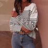 Fashion Contrasting Striped Autumn Winter Women Sweater Elegant Shoulder Button Long Sleeve Knitted Elegant Versatile Pullover
