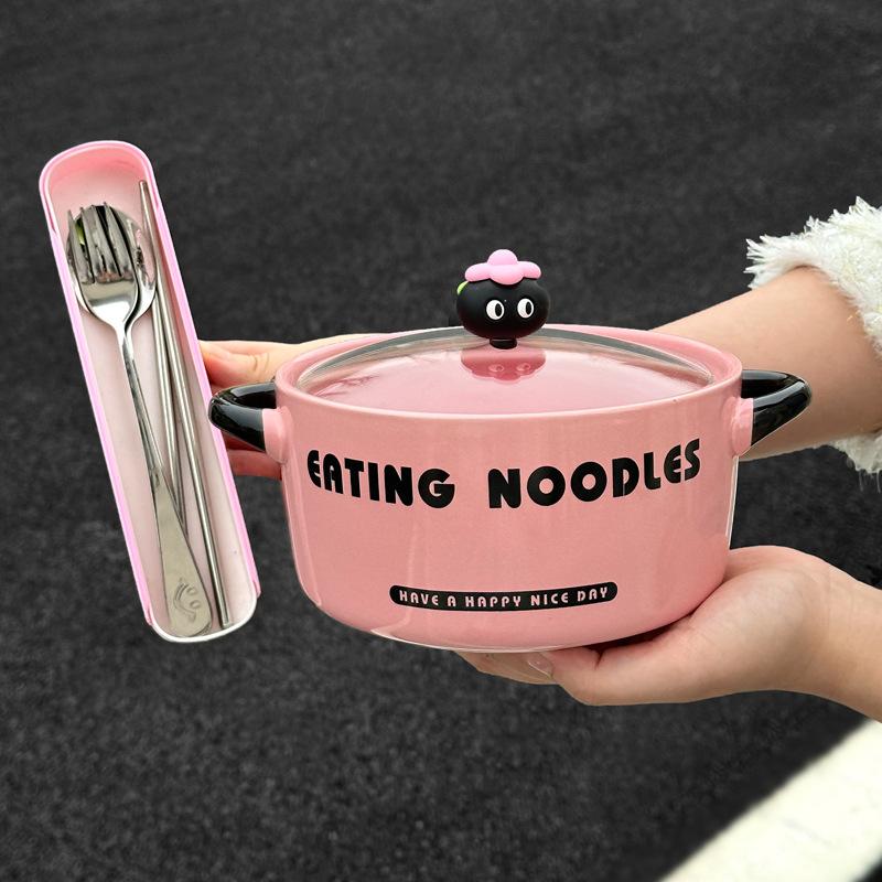 High-value Cartoon Instant Noodle Bowl with Lid, Snail Powder Bowl for Students In Dormitory, Special Bowl for Household Ceramic Instant Noodles