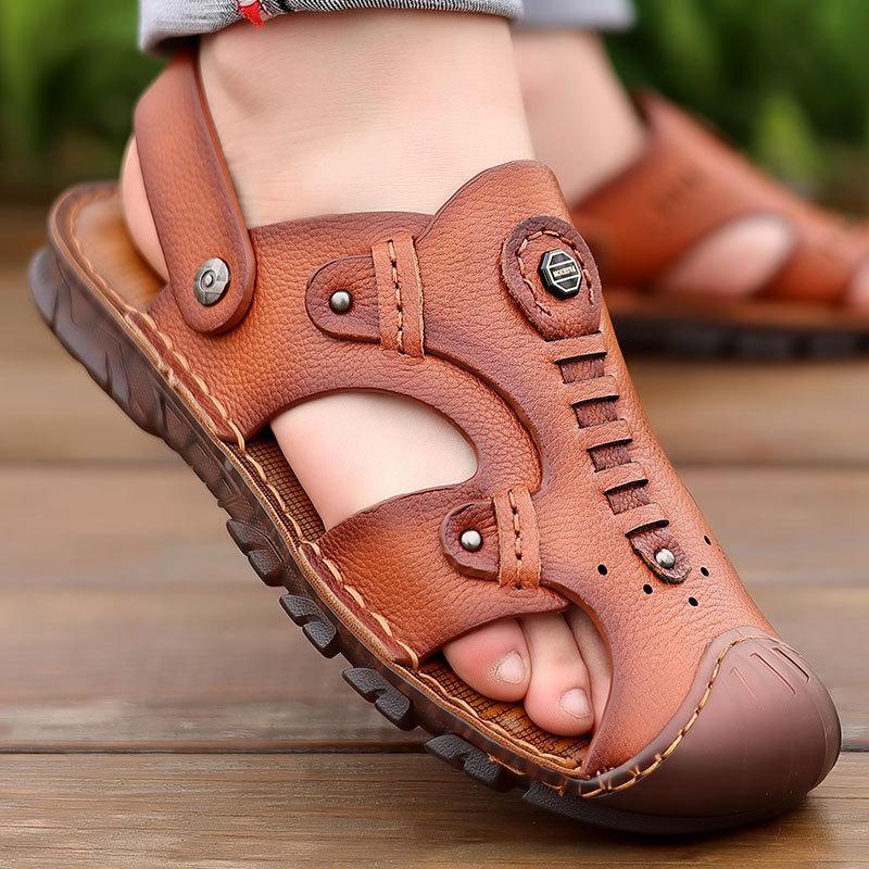 Baotou sandals men's leather casual beef tendon sole first layer cowhide beach shoes dual-purpose driving wear-resistant non-slip dad shoes