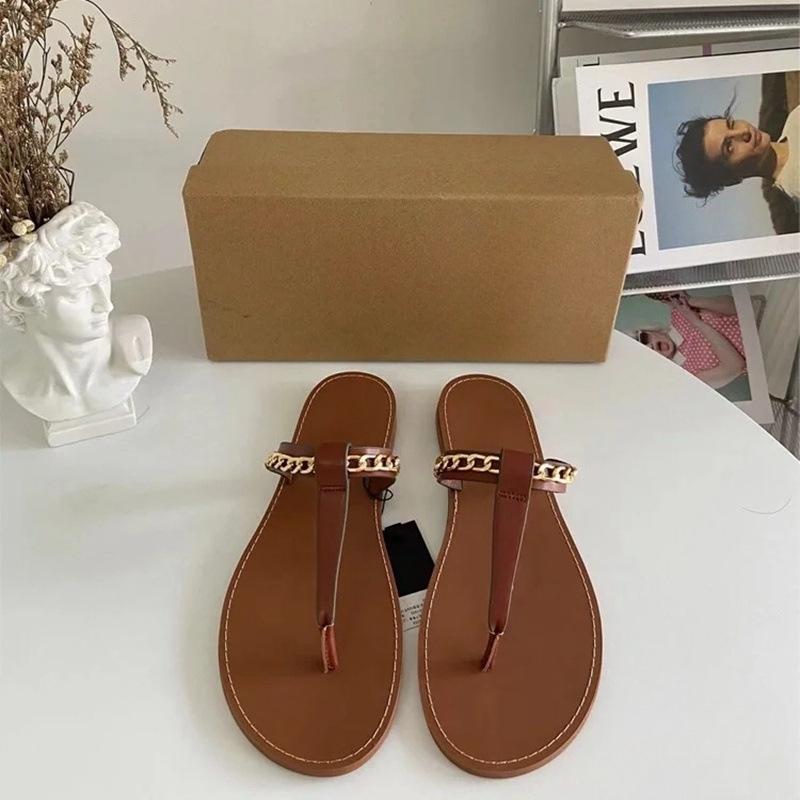 ZA New Fashion Round Toe Herringbone Flat Sandals Women's Metal Chain Slippers
