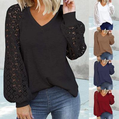 Spring Autumn V-neck Long Sleeved Lace Patchwork Loose Top for Women T-Shirts Women’s