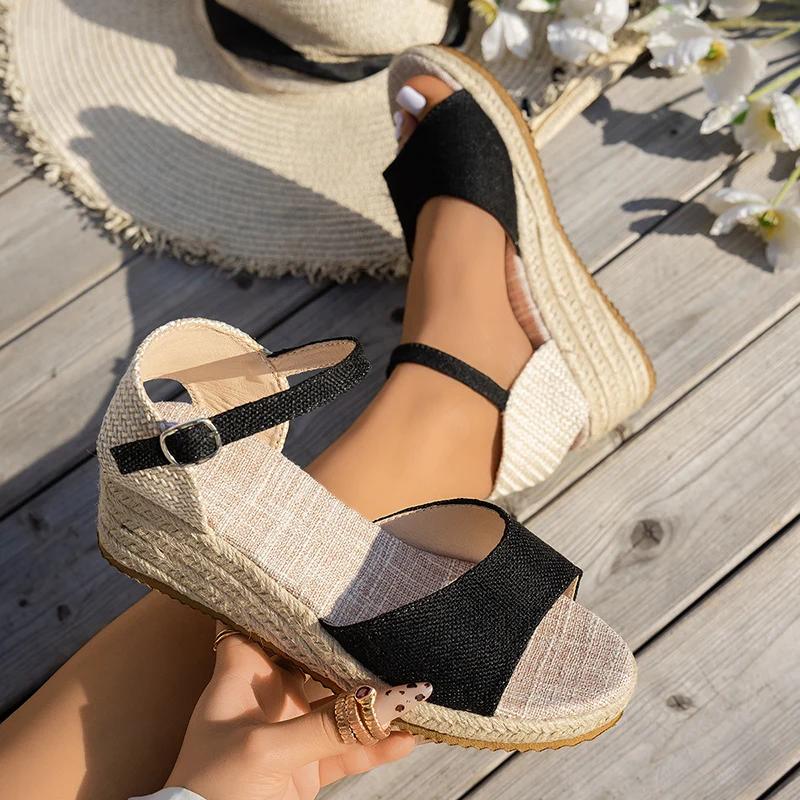 Fashion Zoki Buckle Strap Wedge Heel Sandal for Women Summer Woven Thick Bottom Gladiator Sandalias Mujer Non Slip Platform Sandles 43