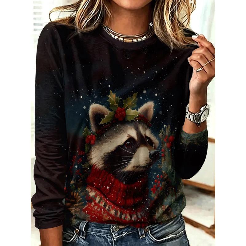 Women's Autumn and Winter 3D Variegated Printed Crew Neck Long Sleeve T-Shirt