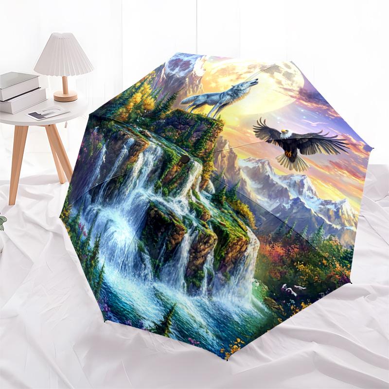 1 PC Automatic Folding Umbrella - Moonlit Wolf and Eagle Pattern, Portable & Foldable Design with 8 Ribs, Christmas Birthday Gifts