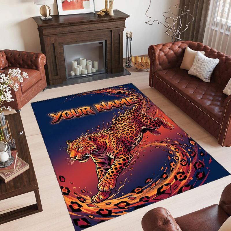 Leopard Theme Crystal Velvet Floor Rug Personalized Custom Name Text Warm Carpet Home Decoration