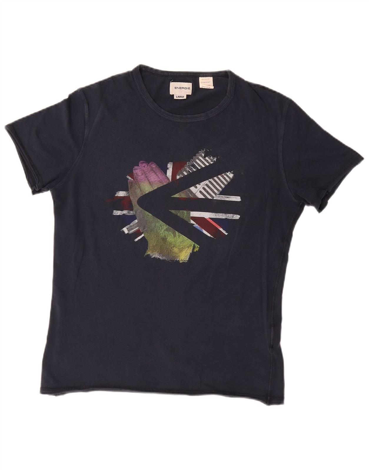 ENERGIE Mens Graphic T-Shirt Top Large Navy Blue Cotton BF28 XL