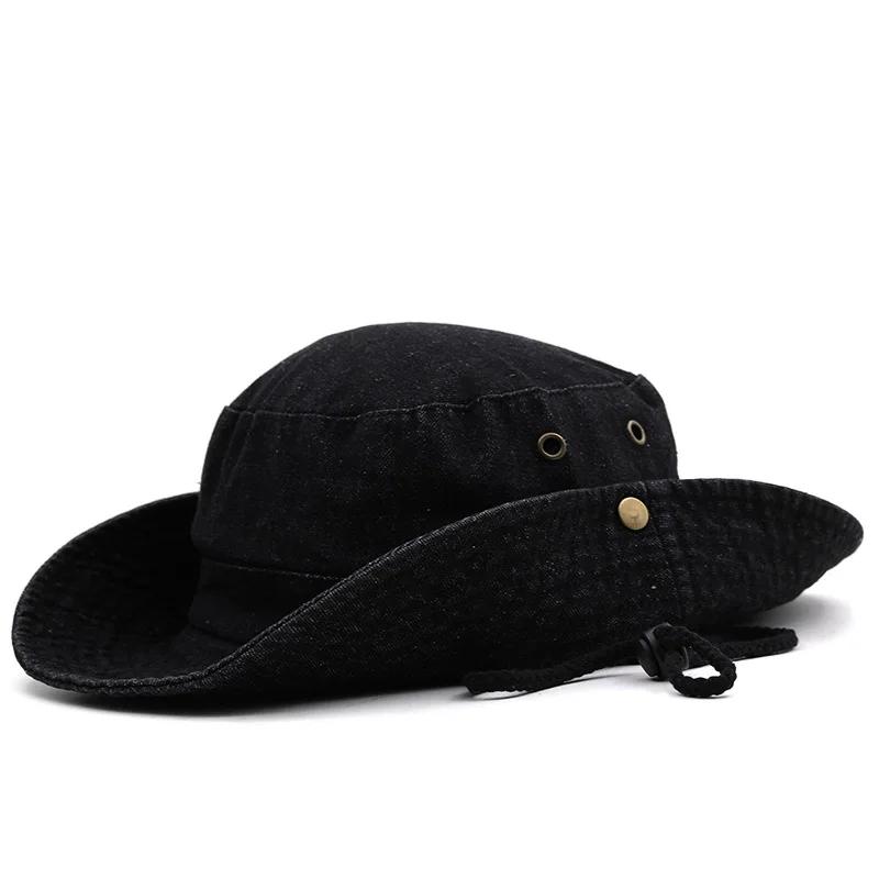 2025 Blue Cowboy Bucket Hat with String Men Denim Beach Sun Hat for Women Outdoor Hiking Couple Bob Panama Summer Fisherman Hat