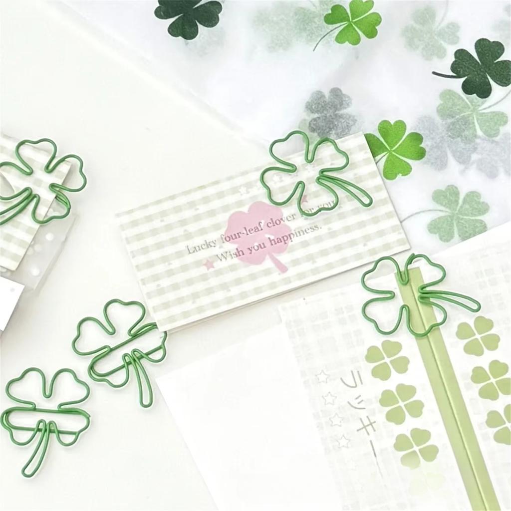 10Pcs Cute INS Green Four-leaf Clover Paperclips Lovely Girl Scrapbook Decor Binder Clip Office Document Bill  Binding Supplies