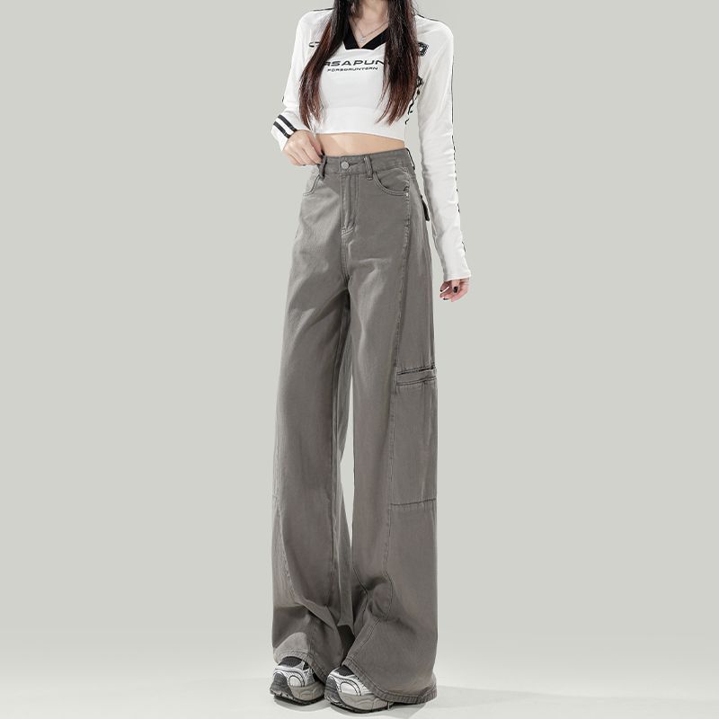 Spring Cement Gray Vintage High Waist Straight Wide Leg Cargo Denim Pants Women Casual Pants Oversize Denim Trousers