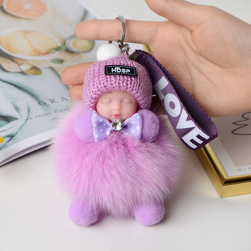 Pompom Sleeping Doll Keychain Cute Fluffy Plush Doll Keychains Women Girl Bags Keyrings Cars Key Ring Gift Charming Decoration