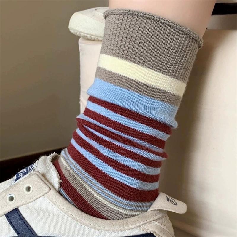 1 Pair/4 Pairs Women's Korean Retro Striped Socks, Mulard Color Blocking Ankle Socks, Breathable Cotton Birkentragen Stacking Socks