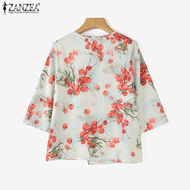 ZANZEA Bluză casual de damă cu gât în V, mâneci 3/4, croială largă și imprimeu