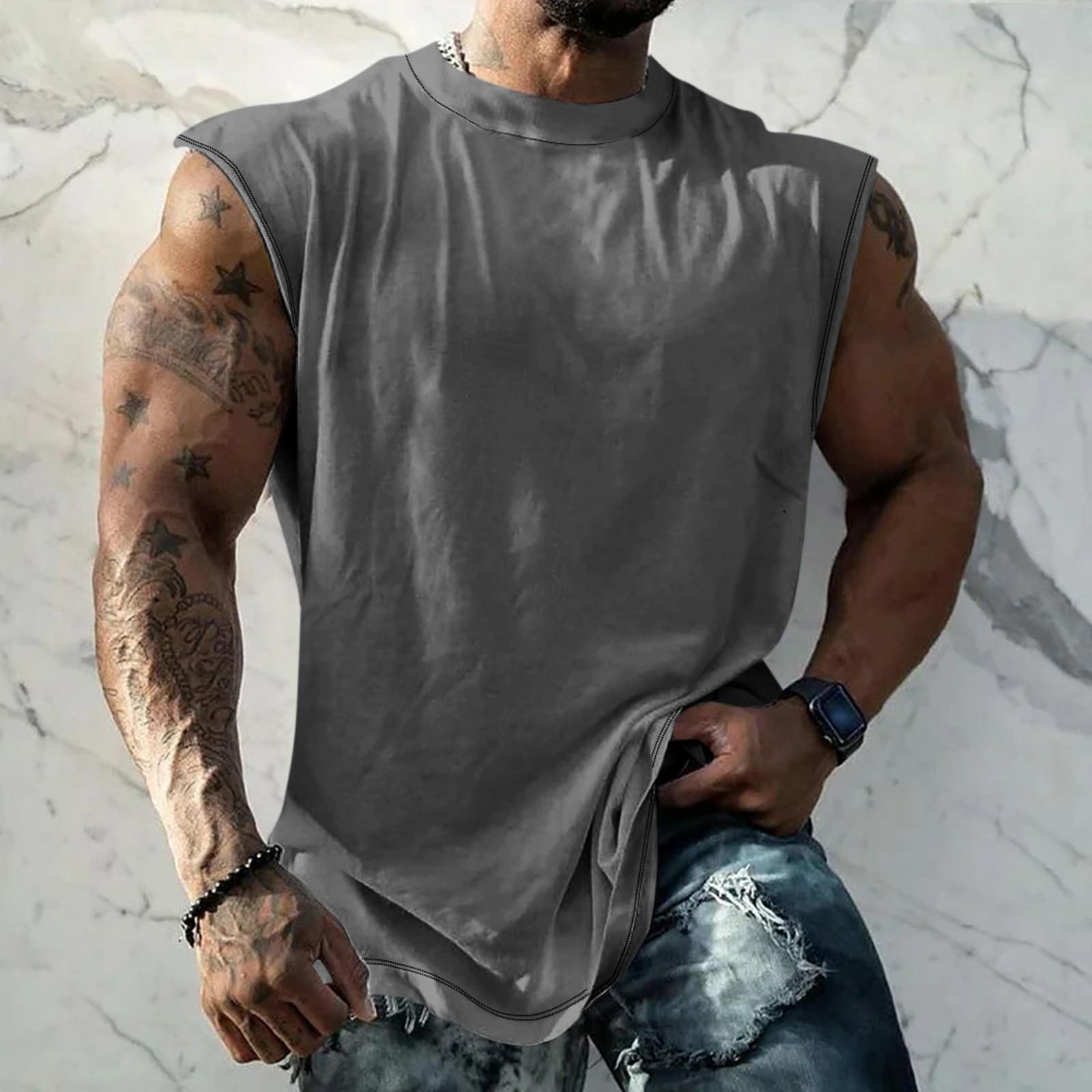 

Летний мужской однотонный поглощающий пот дышащий жилет без рукавов с принтом и расширяющимся плечом XXL серый