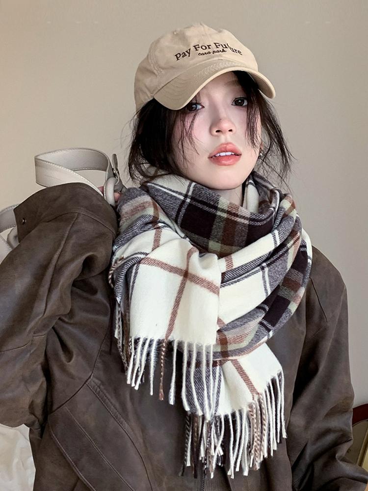 Damen Winter Vintage Gestrickter Schal Kopftuch Damen Herren Lässig Preppy Kariert Quaste Warmer Schal Mujer Mann Schal Wickeltuch Neue