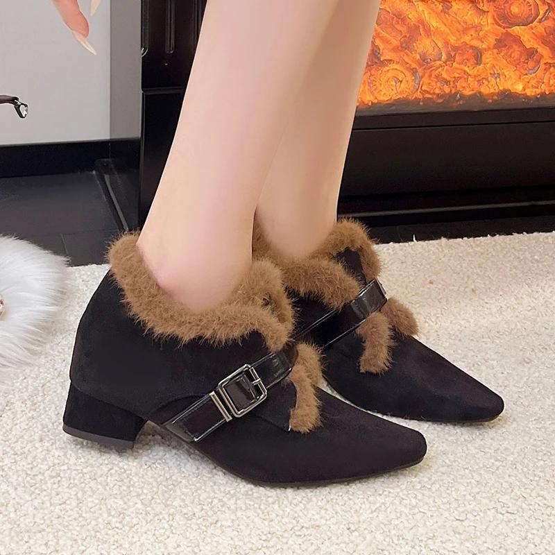 Fur Women's Snow Boots Sexy Heeled Pointed Toe Suede Shoes Fashion Ankle Boots New Warm Elegant Trend Dress Mujer Botas