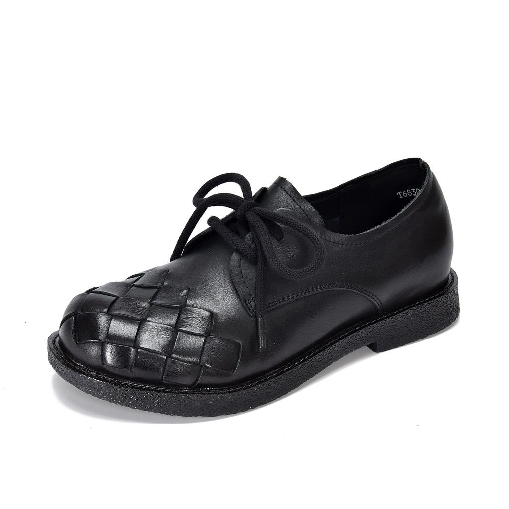 Johnature Vintage Genuine Leather Woven Low Heel Shoes Versatile Round Toe Lace Up Women's Shoes