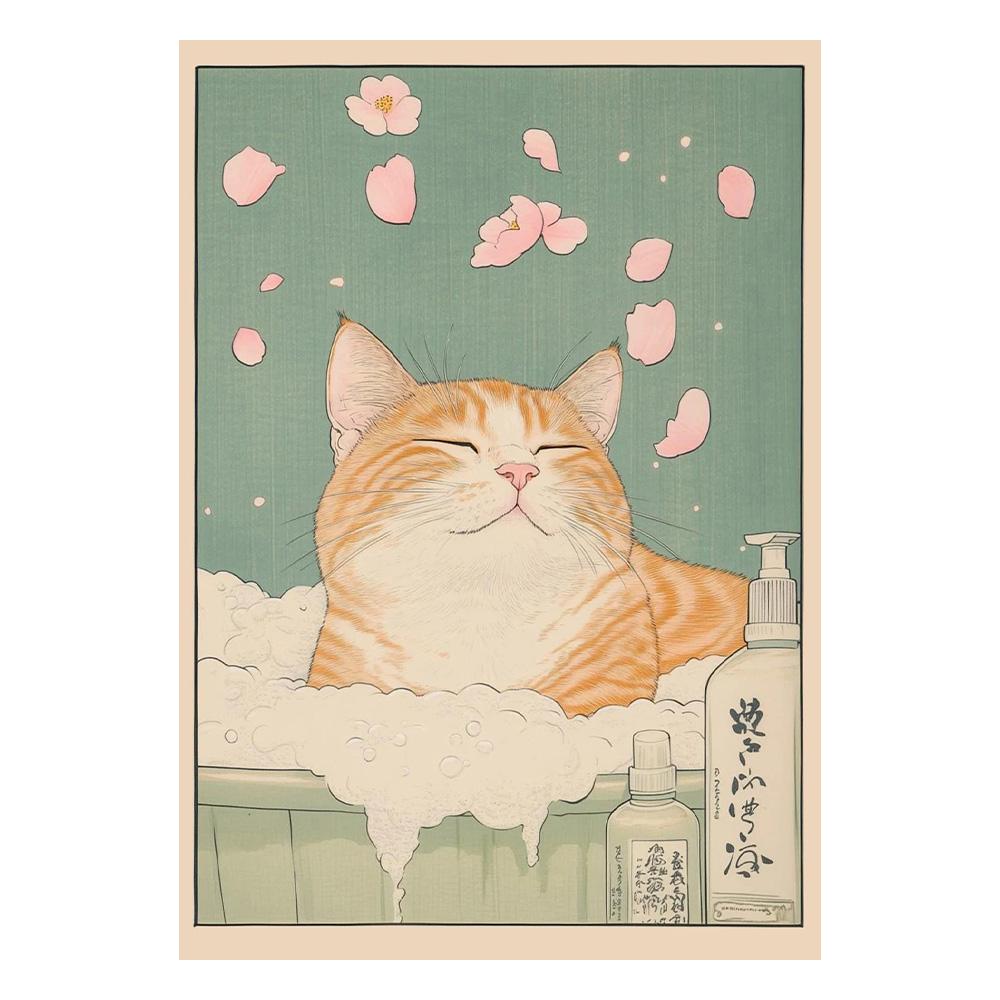 Gato Atigrado Japonés en Bañera Impresiones de Póster Pintura sobre Lienzo Estética Retro Arte de Pared Imagen Japandi Baño Aseo Decoración para el Hogar
