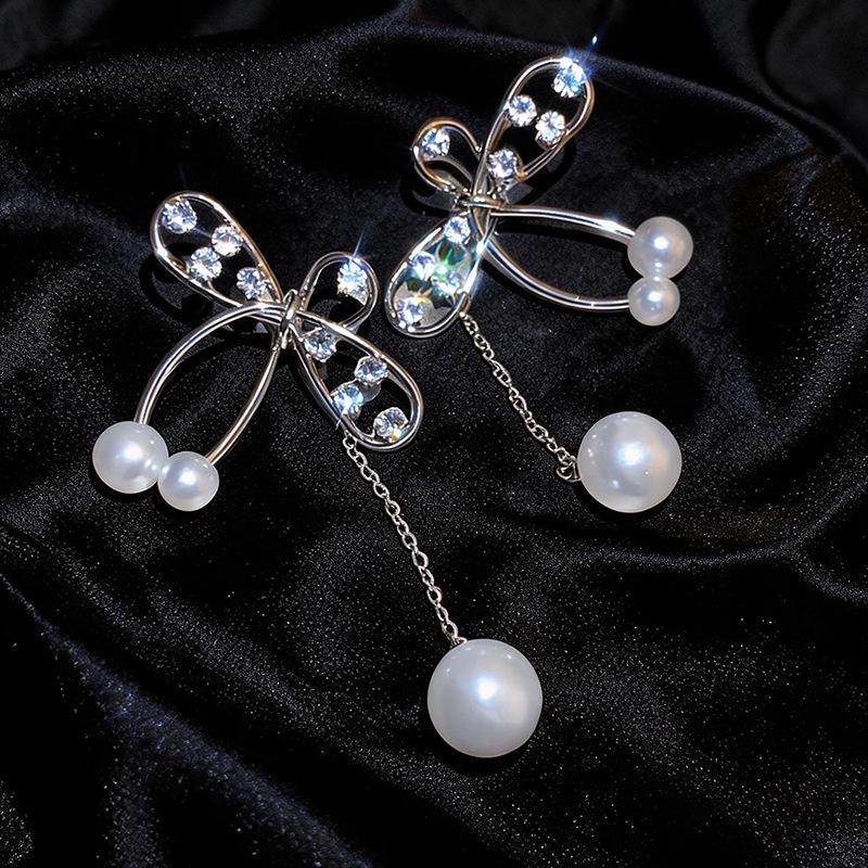 Silver Needle Luxury Zircon Pearl Bow Tassel Stud Earrings - High-End Personalized Accessories for Women