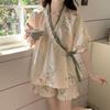Chinese Style Lace Up Pajama Suit Flower V-Neck Shorts Sleeve Nightwear Women Homewear Loose Two Pieces Sleepwear Sets Home