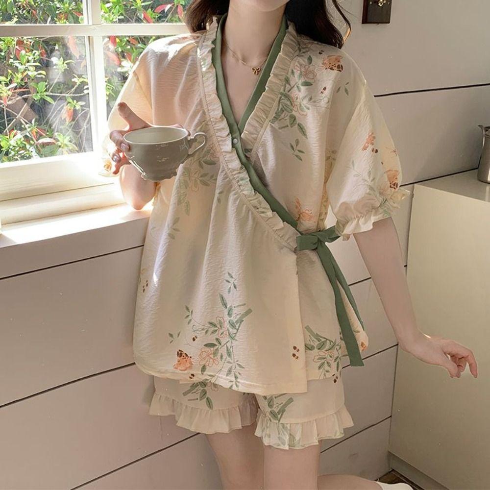 Chinese Style Lace Up Pajama Suit Flower V-Neck Shorts Sleeve Nightwear Women Homewear Loose Two Pieces Sleepwear Sets Home