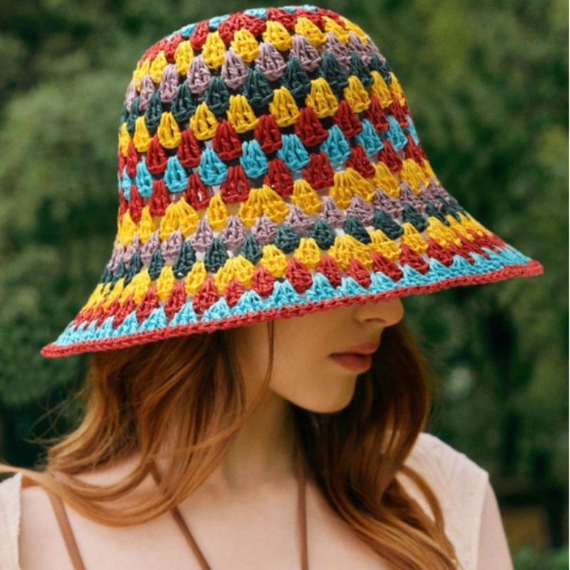 Color Dopamine Hollow Straw Hat Women's Summer Seaside Vacation Bucket Hat Sunshade Sunscreen Woven Hat