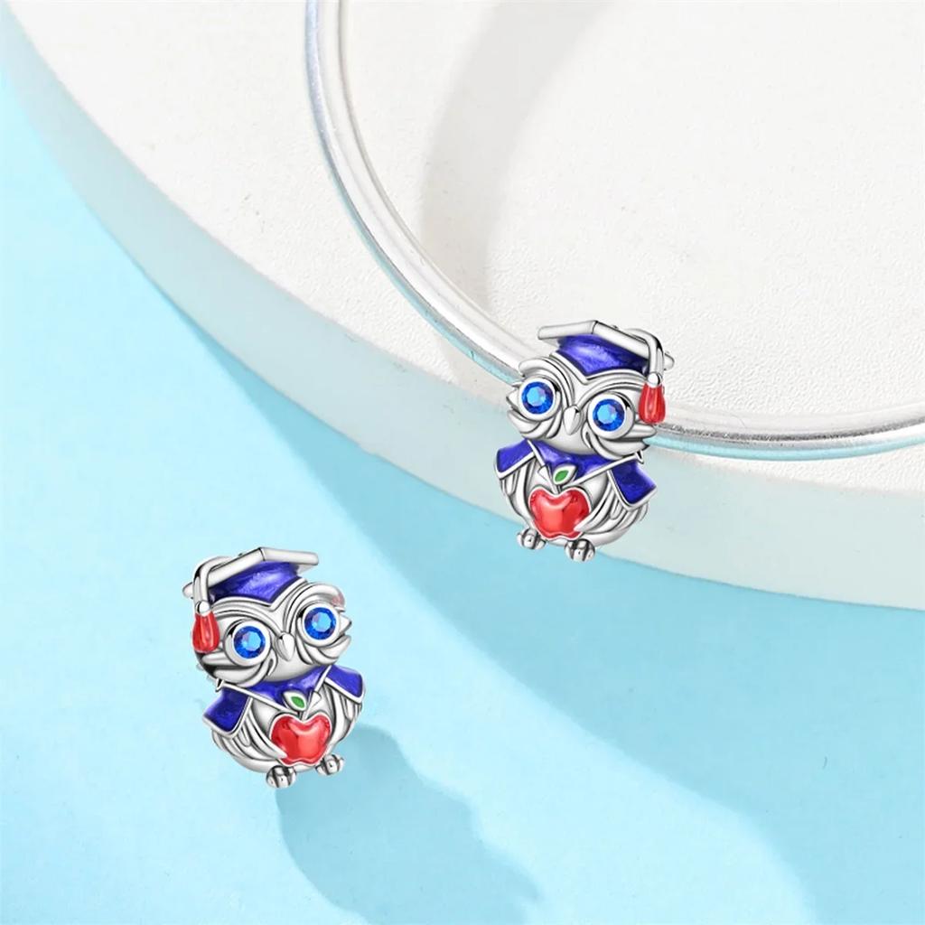Charms Original Copper Plated Blue Graduation Owl Beads Fit Bracelet Diy Fine Gift Women Delicate Jewelry Accessory