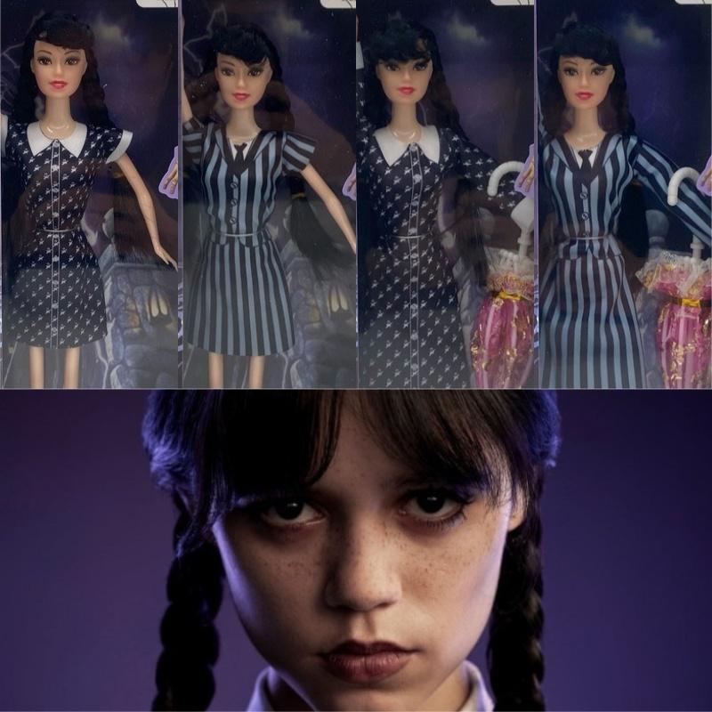 Poupée Mercredi Addams de la Famille Addams Articulée avec Parapluie et Tenues à Pois 5 et 11 Options d'Articulation