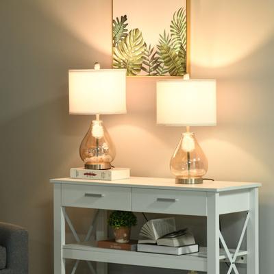 2Pcs Glass Shade Table Lamp with E27 Socket Amber Teardrop Rods White Linen Lampshades Bedside Table Lamp Set Family Supplies