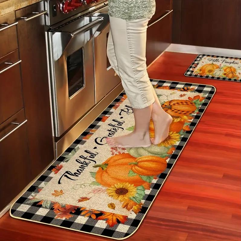 Autumn Pumpkin Maple Leaf Buffalo Plaid Kitchen Mats Decor Anti-slip Corridor Balcony Rugs Bathroon Doormat Thanksgiving Decor