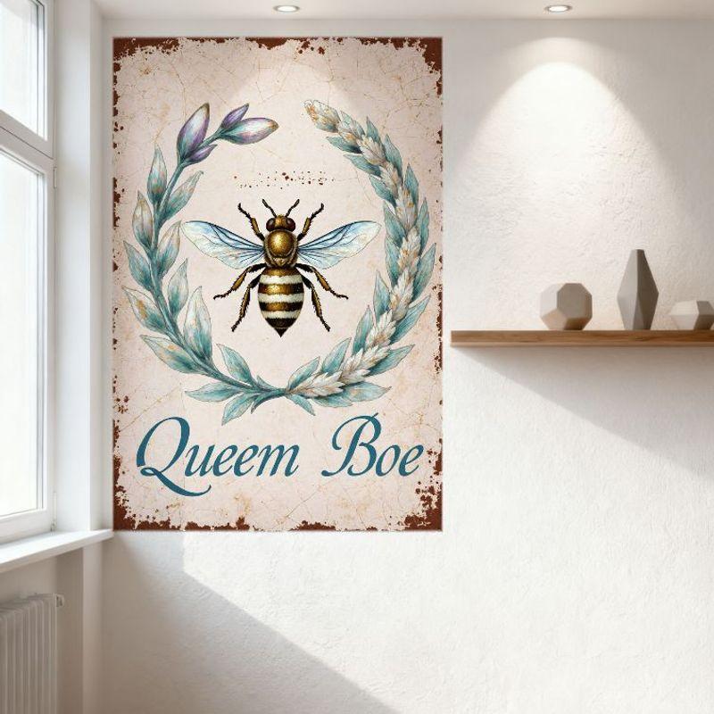 Vintage Rustic Bee Wreath Metal Tin Sign with Blue Floral Frame, 'Queem Boe' Cursive Text - Antique Aged Beige Background for Ho