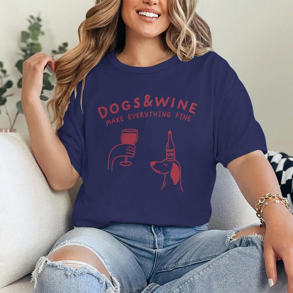 Hunde Und Wein Machen Alles Gut Lustige Vintage Grafik T-Shirts Tier Shirt Mode Hundemama T-Shirts Geschenke Damen Y2K Oberteile