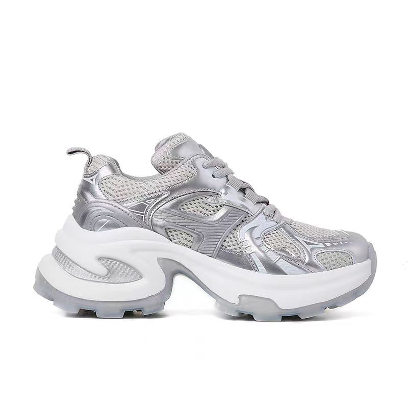Autumn new heightened platform dad shoes 2025 summer new silver and white breathable mesh casual sports shoes women