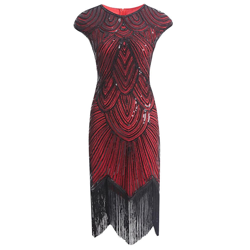 Mode Womenswear Vintage Frauen Pailletten Quasten Rundhals ärmelloses Bankett Cocktail Partykleid