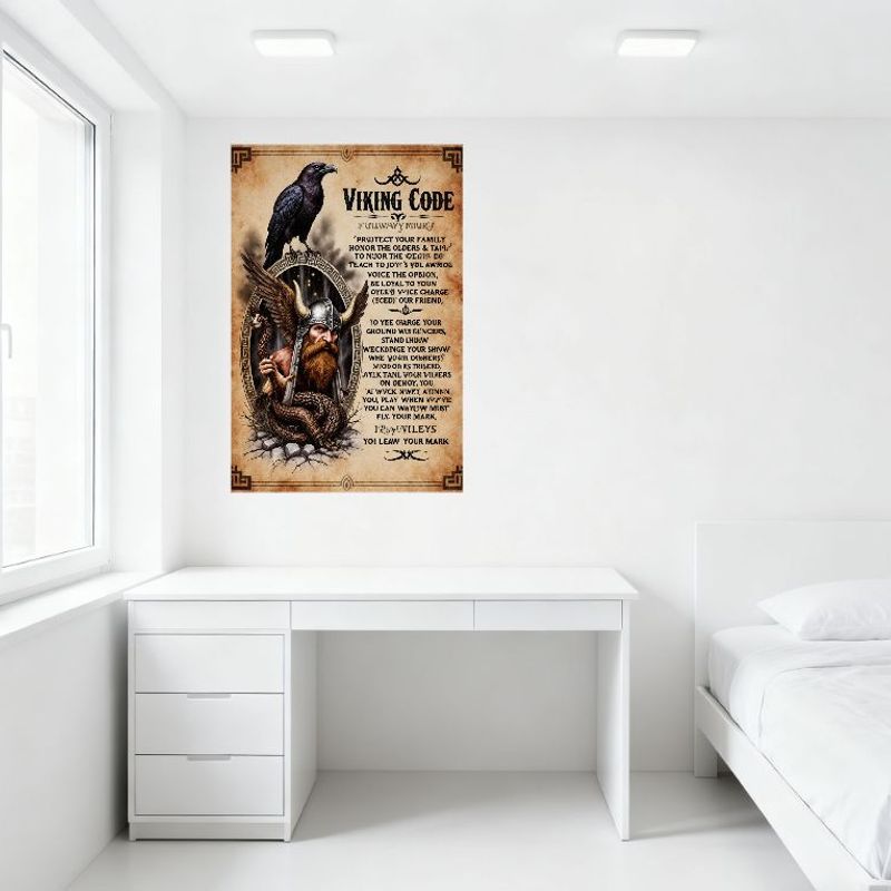 Viking Code Vintage Metal Tin Sign - Nordic Warrior Bearded Viking with Raven Helmet Snake Arm Rules Poster for Man Cave Home De