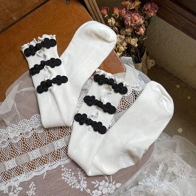 

Y2K Национальный ветер Пряжка Деревянное ушко Ажурные Гольфы до колена для осени зимы | Стильные гольфы до икры для горячей девушки