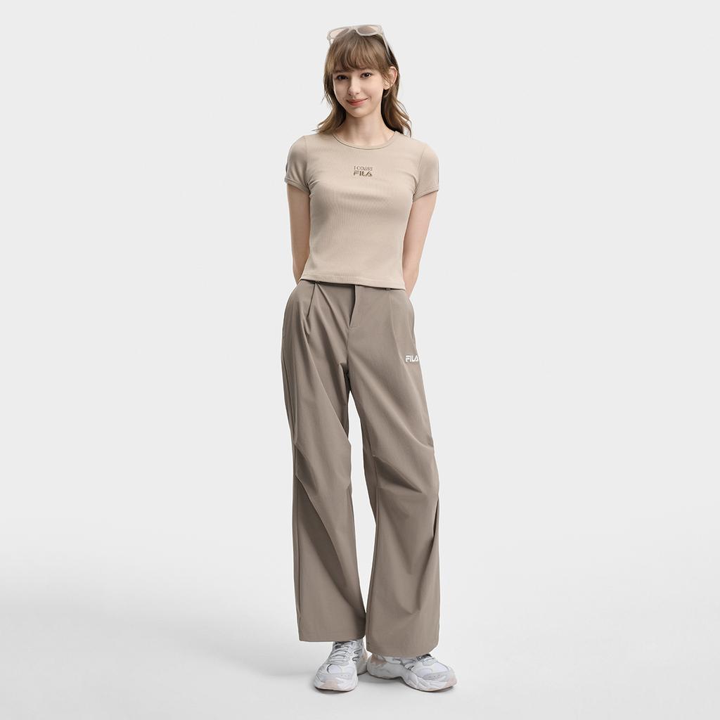 FILA Original Fashion Simple Classic Retro Sports Style Versatile Comfortable Loose Woven Casual Pants Women bottoms Apricot Brown F51W629801FDK