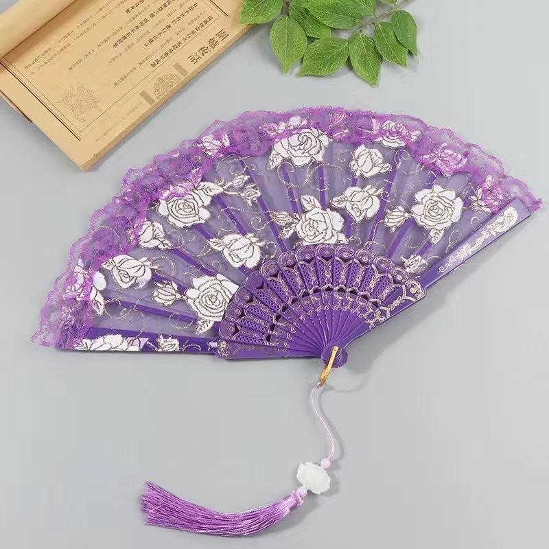 1Pc Chinese Ancient Style Flower Women Folding Fan with Tassel Fringe Hanfu Cheongsam Dance Fan Photo Props Summer Handheld Fan
