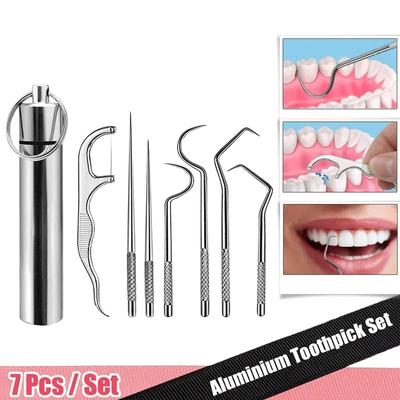 Zahnstocher-Taschenset aus Edelstahl, Tragbare Zahnseide-Picks, Wiederverwendbare Metall-Zahnstocher, Zahnreinigungsset mit Schlüsselanhängerhalter