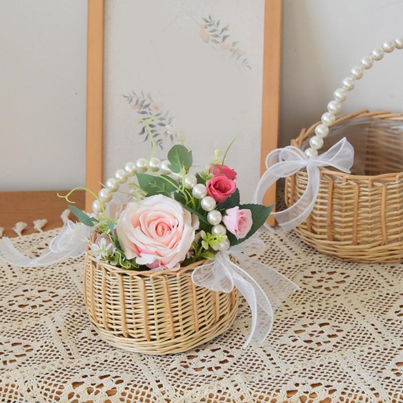 Elegant Pearls Decorated Handheld Basket Unique Pearls And Fish Tail Ribbon Inspired Handheld Basket For Elegant Event