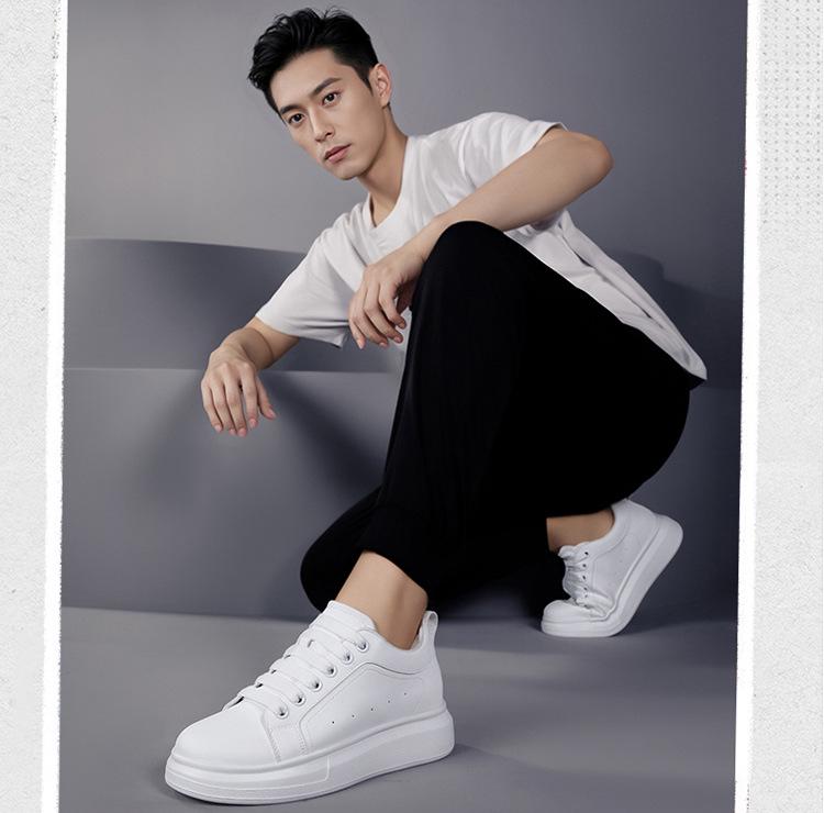 Men's White Height-Increasing Sneakers with Thick Sole, Invisible Inner Lift, and Casual Style, Large Sizes Available, 10cm Boost.