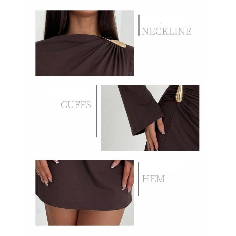 Autumn Long Sleeved Flared Sleeve Metal Buckle Temperament Slim Fit Dress Short Skirt