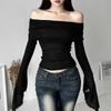 Y2k estetyczne damskie przezroczyste koszulki głęboki dekolt z długim rękawem jednokolorowe t-shirty na co dzień Vintage Off Shoulder seksowne urocze koszulki