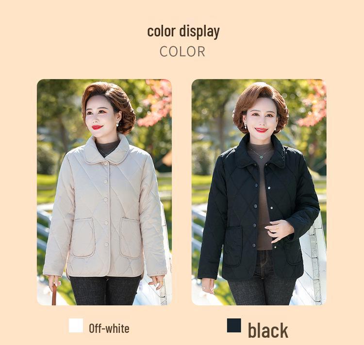 Dámský podzimní/zimní lehký a hřejivý bavlněný kabát - Módní krátká prošívaná bunda pro ženy středního a staršího věku.