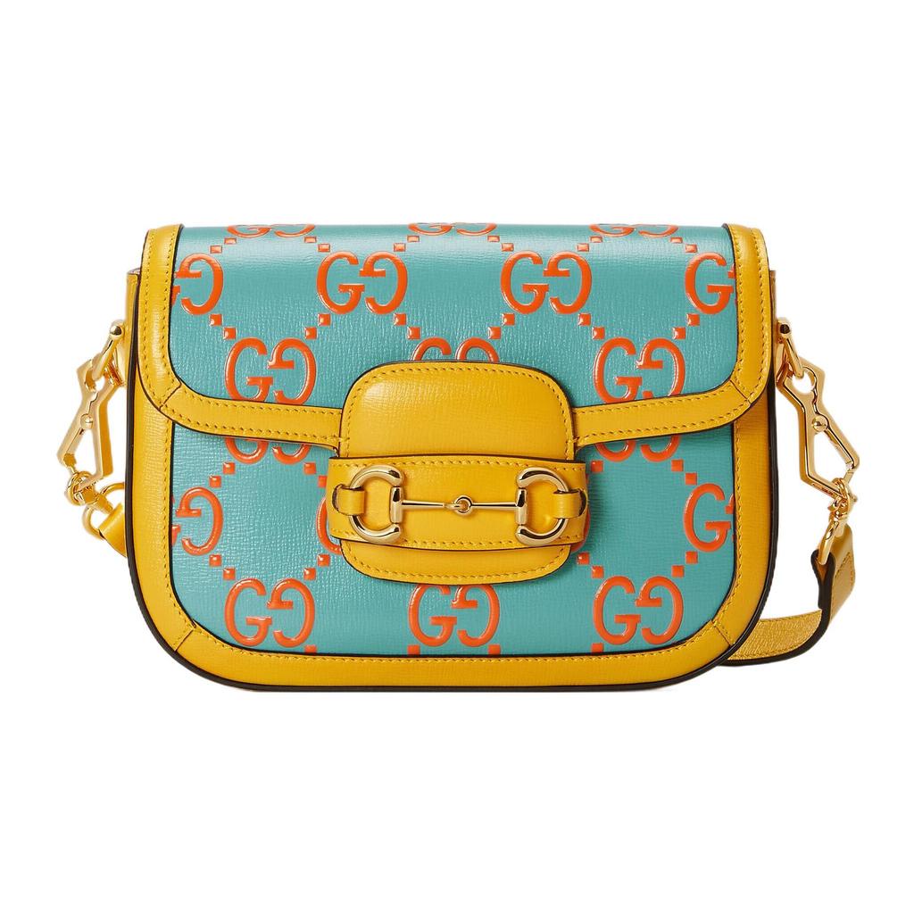 Gucci 1955 Series Vintage Gold Buckle Logo Saddle Bag Leather Crossbody Shoulder Bag Mini Unisex bags Light-Blue Orange 658574-UGMCG-4283