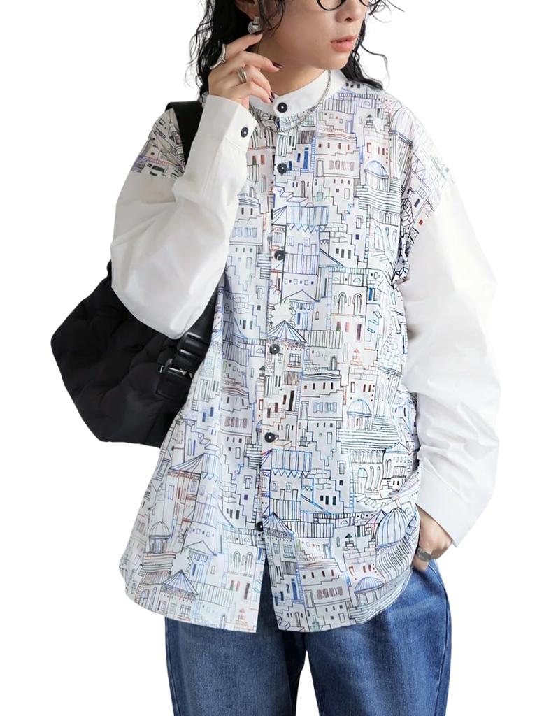 antiqua City Print Long One Size White Women's Shirt, Sleeve, 100% Cotton, ZE-01109, 03,
