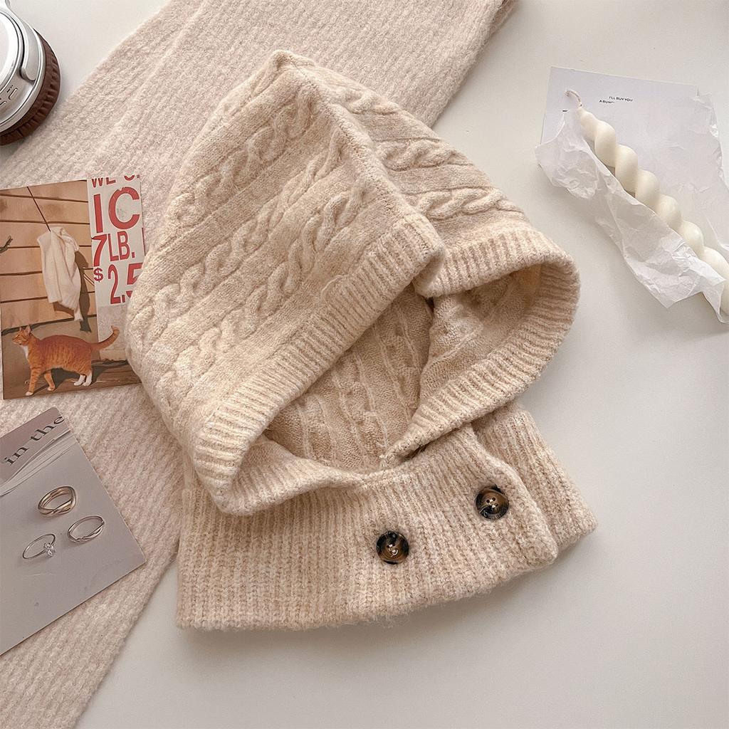 Soft Solid Beanie Winter Women Warm Knit Hat Pile Caps Button Ear Protection Tie Pullover Hat