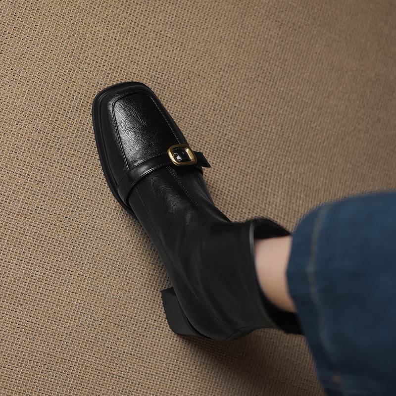 Krazing Pot Microfiber Square Toe Thick Heels Chelsea Boots Size 42 Zip Women Metal Buckle Elastic Ankle Boots